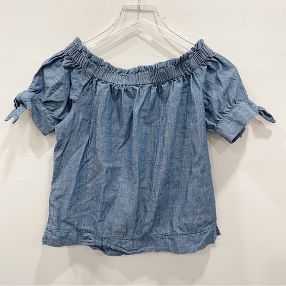 J. Crew Chambray Cotton Tie Sleeve Off The Shoulder Top - Picture 1 of 8
